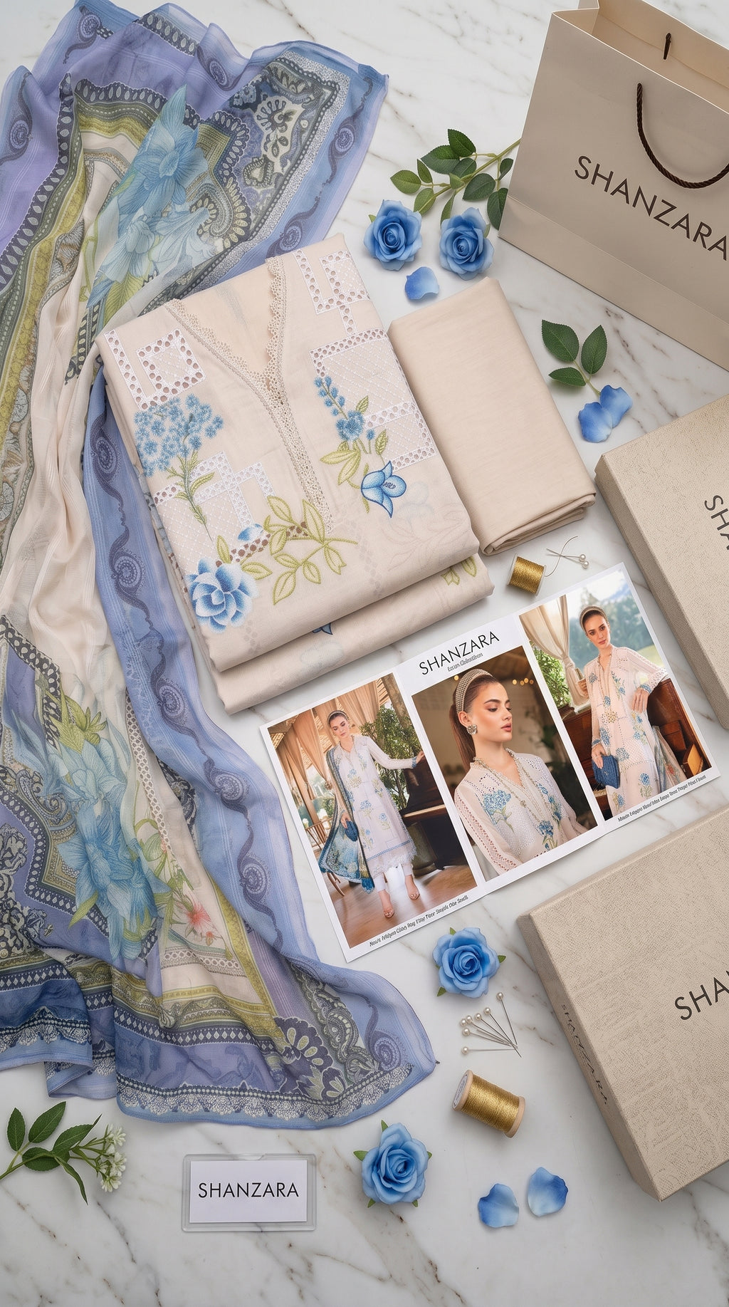 Pearl Blue Bloom 3-Piece Cotton Suit