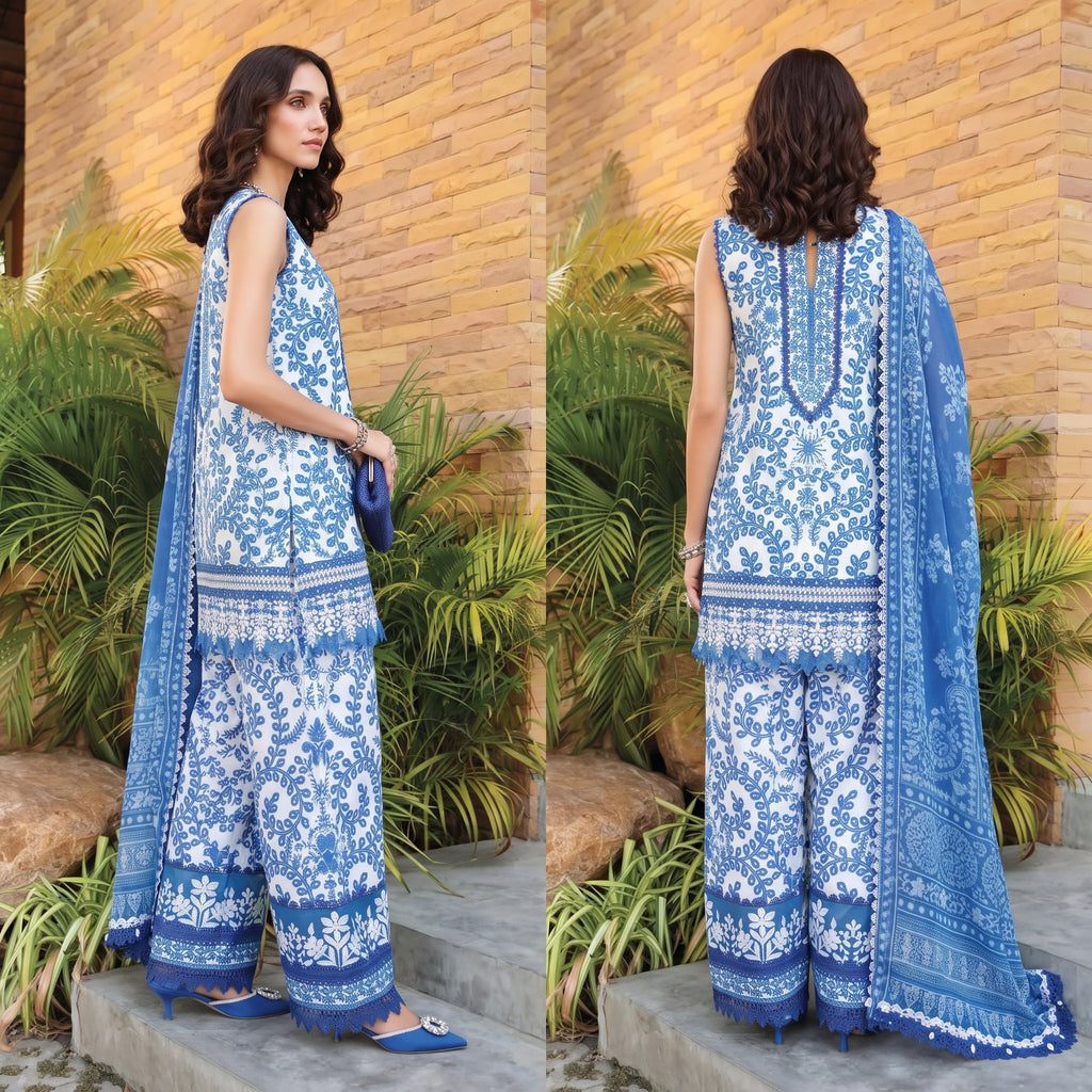 Azure Jaal 3-Piece Cotton Suit – side and back model shot