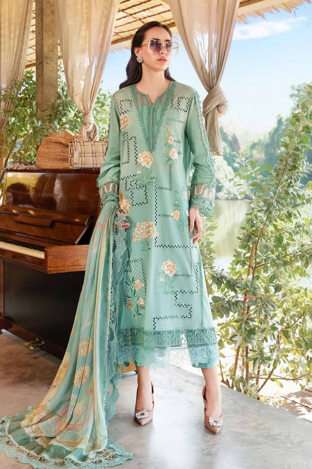Mint Garden Maze 3-Piece Cotton Suit – flat lay with dupatta