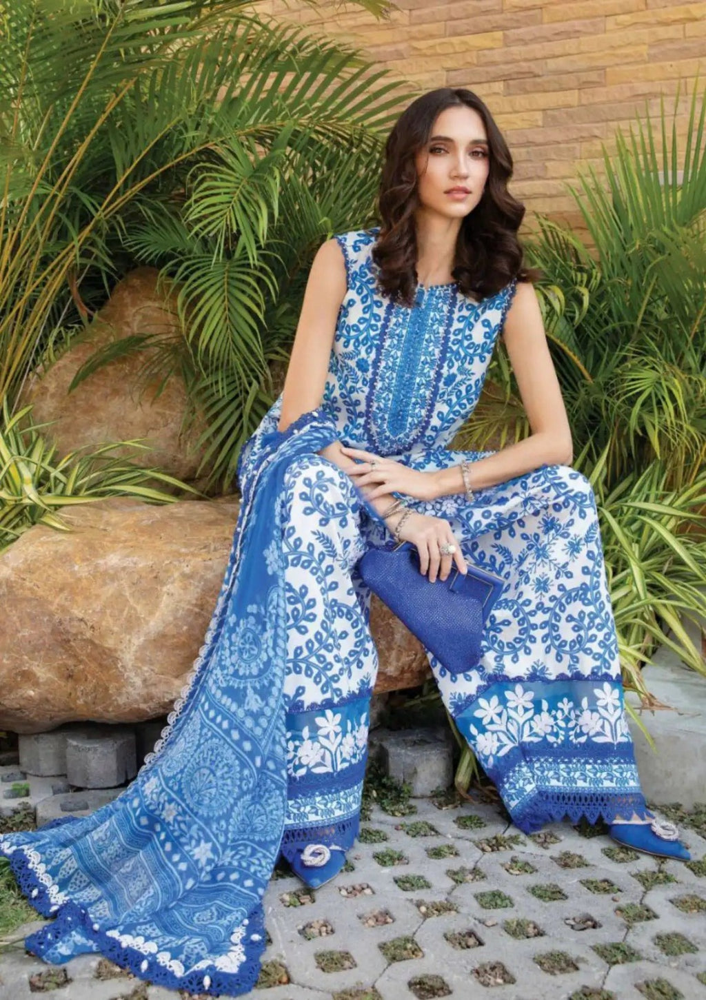 Azure Jaal 3-Piece Cotton Suit – seated model shot with dupatta
