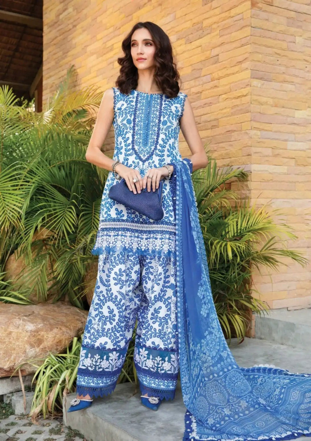 Azure Jaal 3-Piece Cotton Suit – full length front model shot