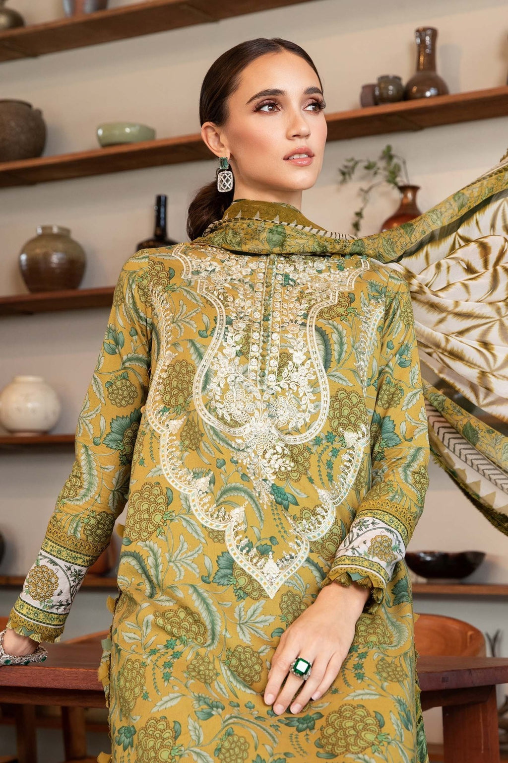 Olive Bloom Garden 3-Piece Cotton Suit – back embroidery close-up