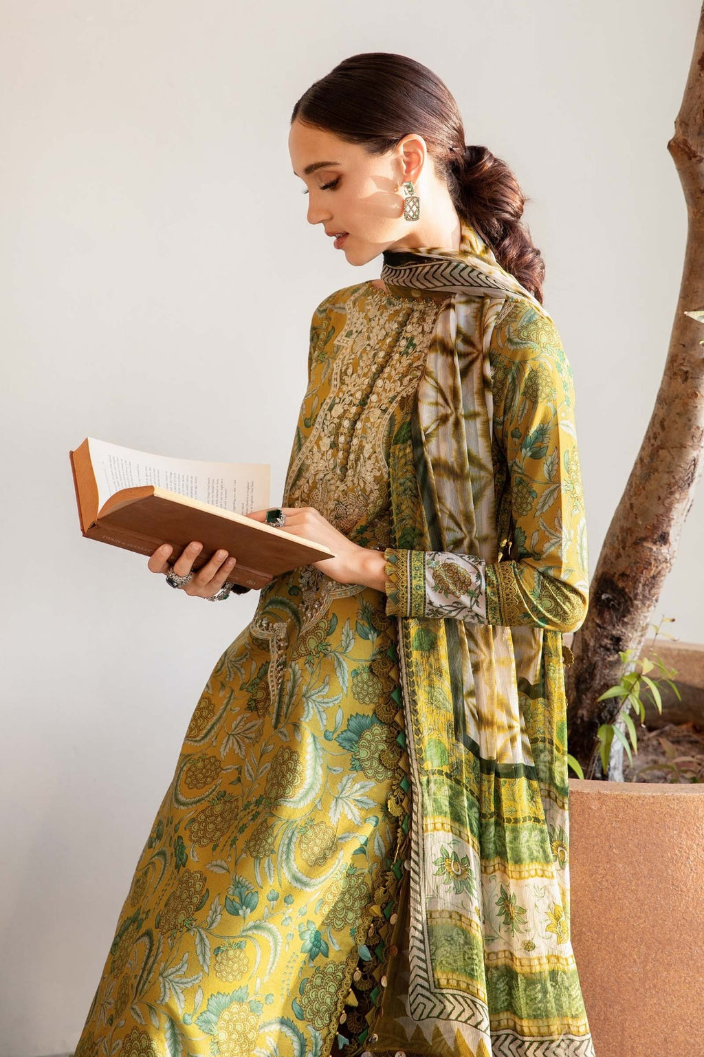 Olive Bloom Garden 3-Piece Cotton Suit – side model shot with dupatta