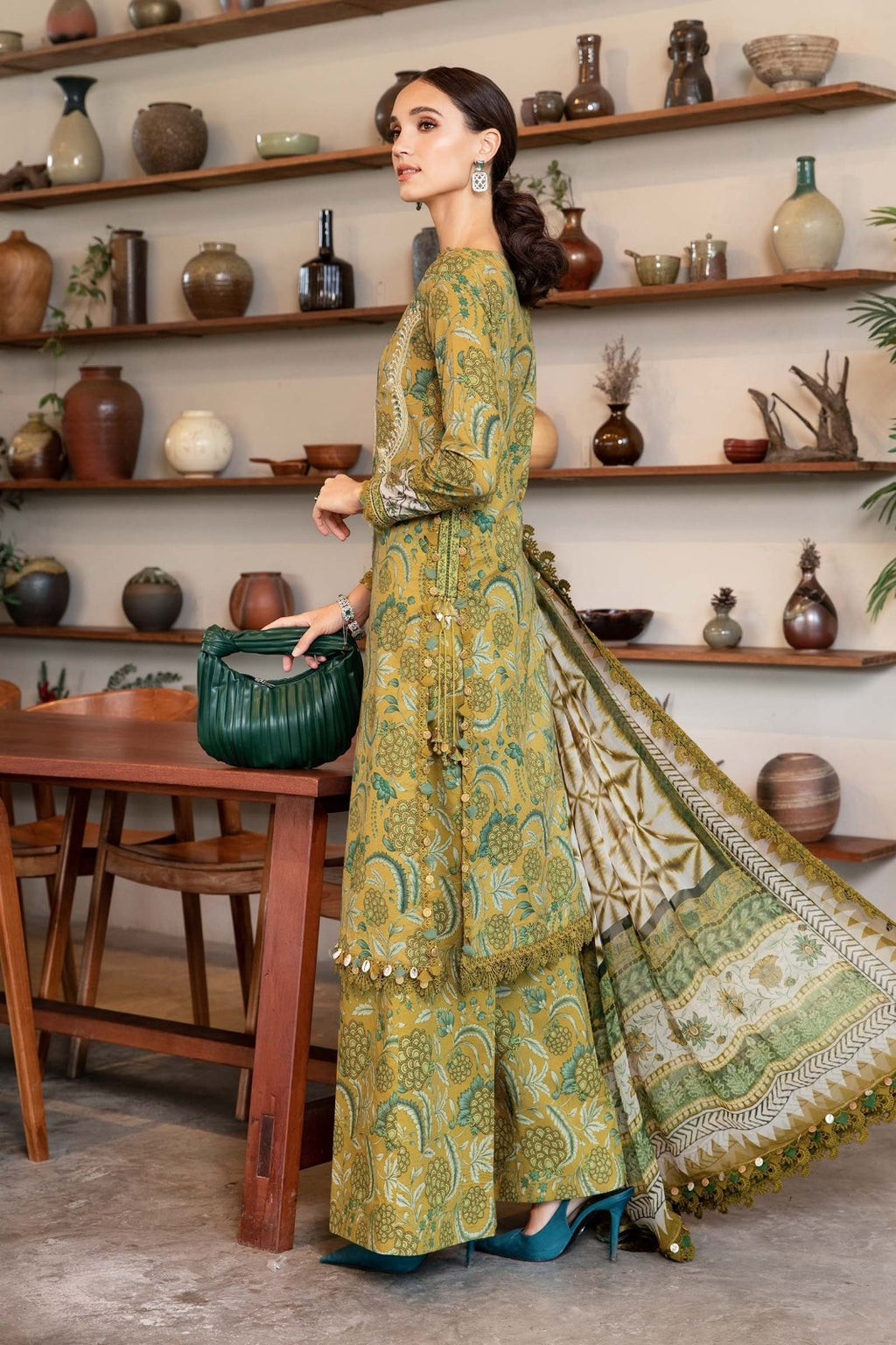 Olive Bloom Garden 3-Piece Cotton Suit – side profile model shot