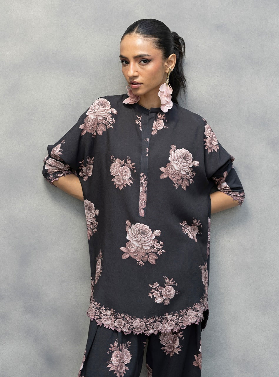 Black Floral AFSANA 2-Piece  Digital Printed Lawn Co-ord Set