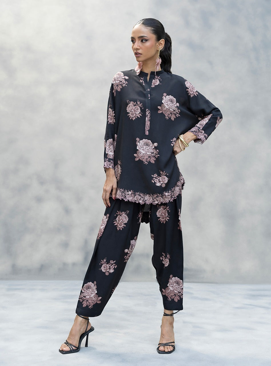 Black Floral AFSANA 2-Piece  Digital Printed Lawn Co-ord Set
